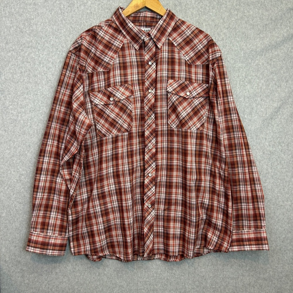 Haband Western LS Shirt Red Orange Plaid Pearl Snap Long Sleeve Rodeo Mens XL